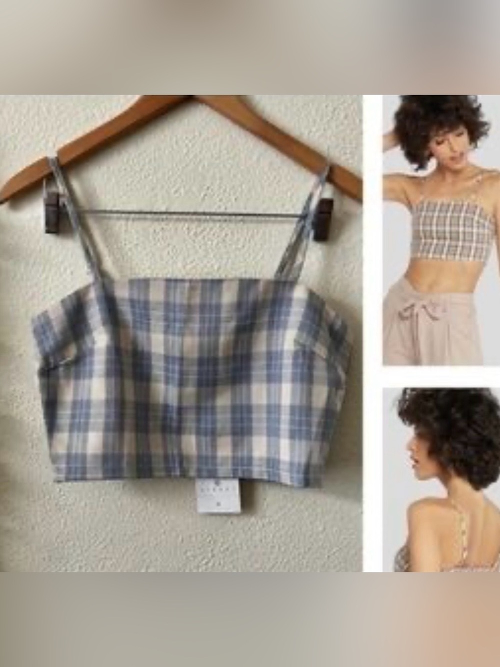 Urban Outfitters Daisy Street Plaid Square-Neck Crop Top, Blue and Khaki, NWT M